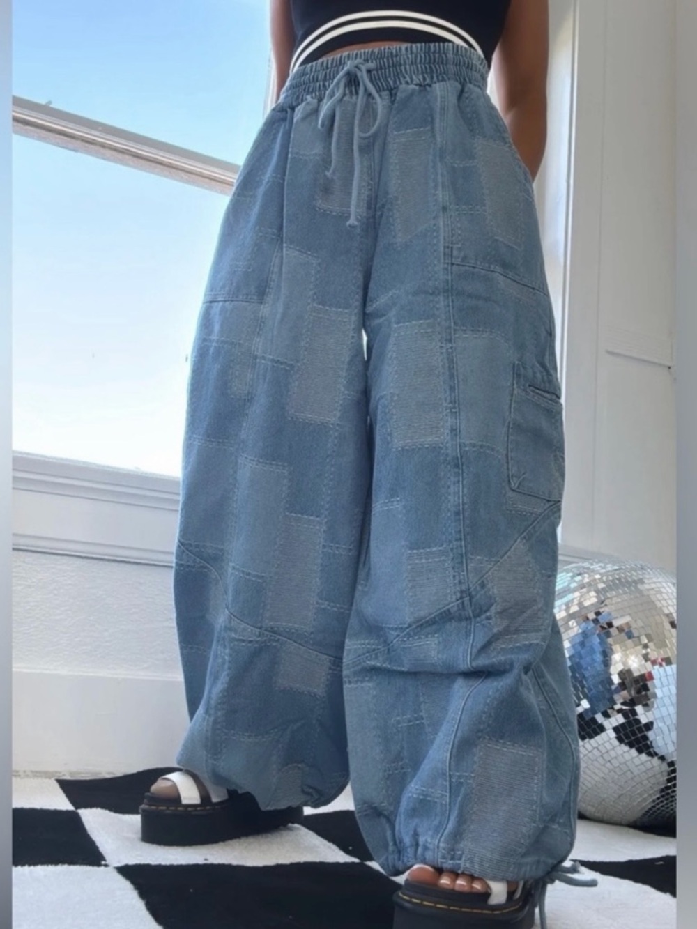 Blue Velvet Denim Patchwork Drawstring Jeans